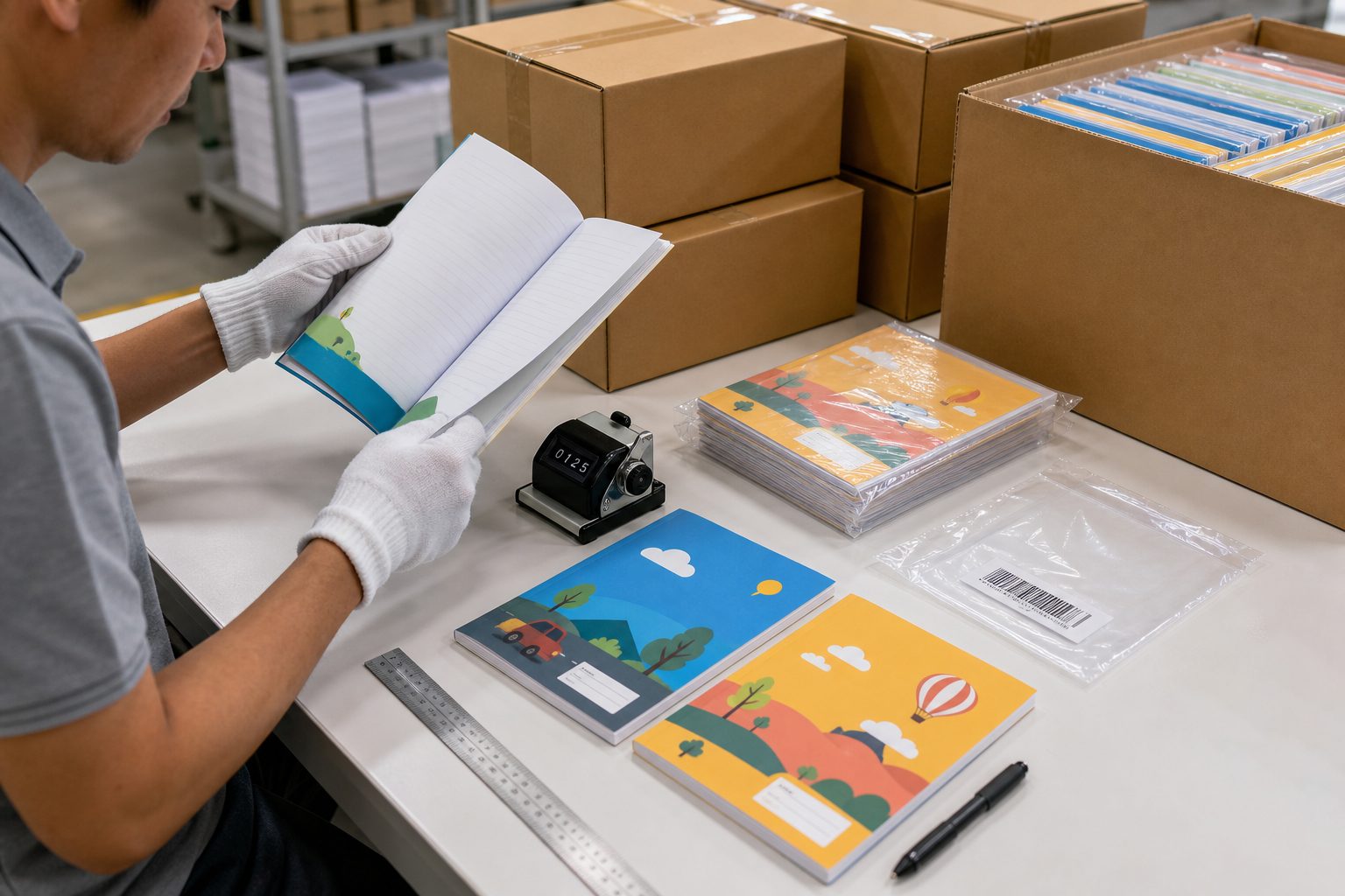 Inspector checking notebook printing, page count and packaging before shipment
